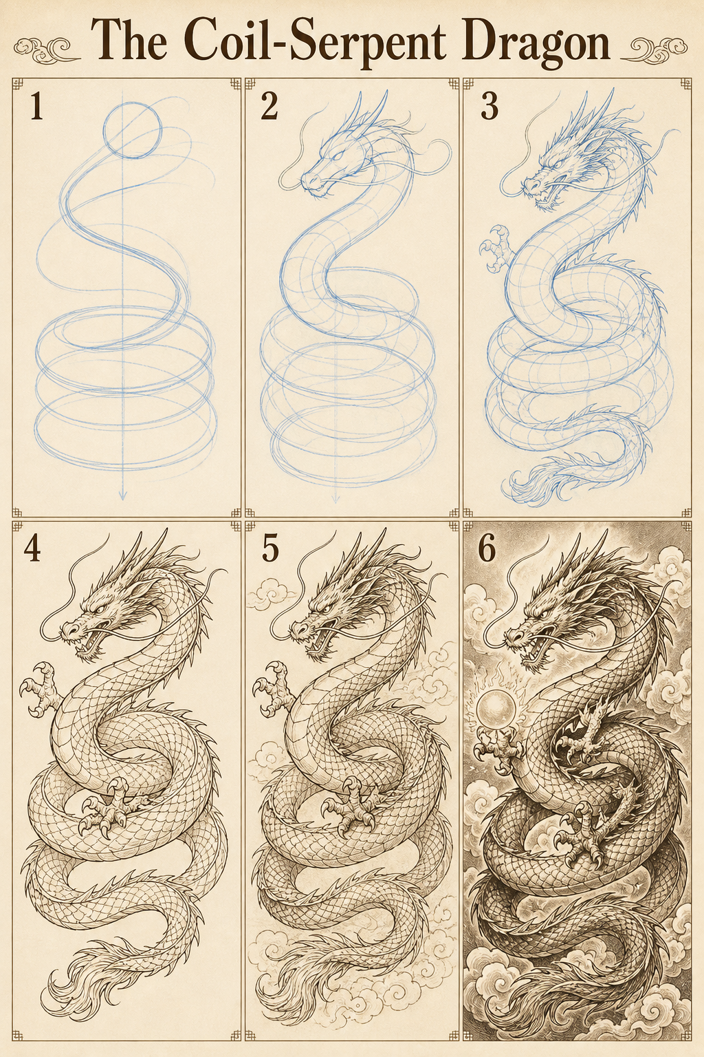 The Coil-Serpent Dragon six-step dragon drawing tutorial plate