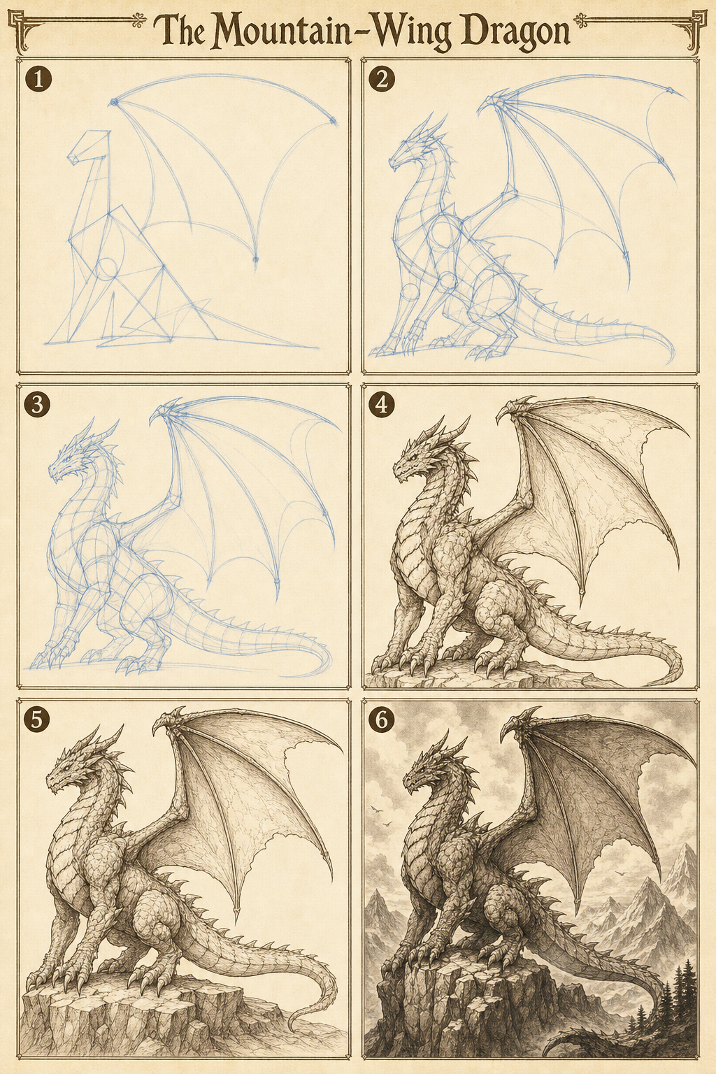 The Mountain-Wing Dragon six-step dragon drawing tutorial plate