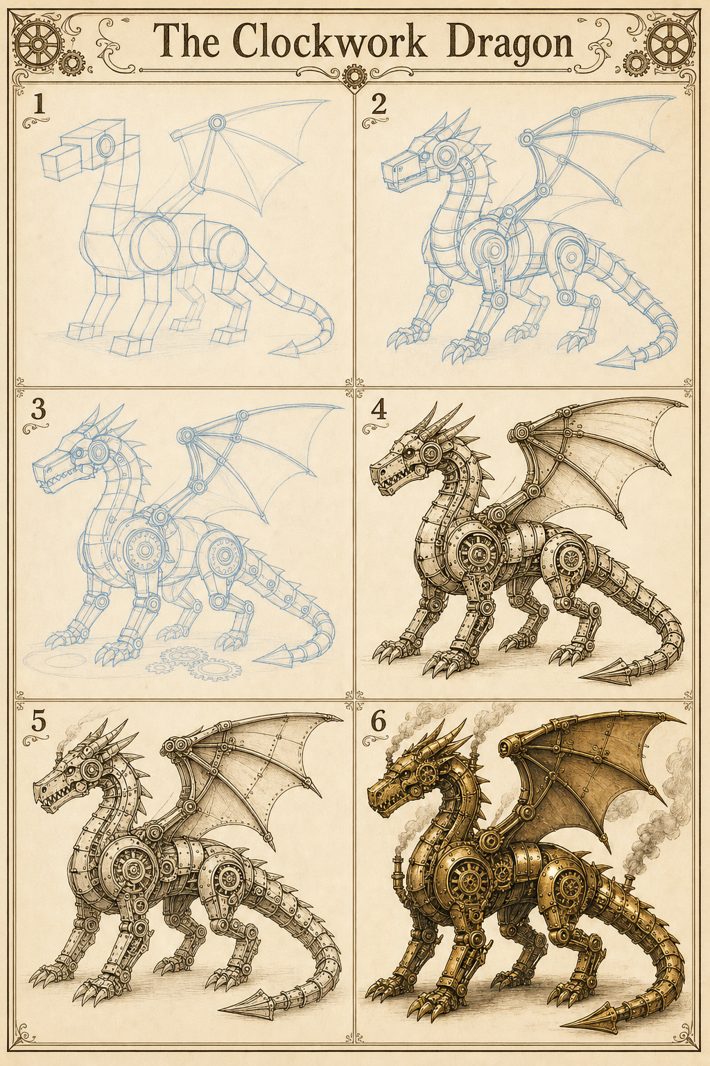 The Clockwork Dragon six-step dragon drawing tutorial plate