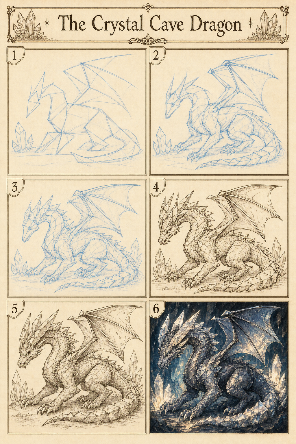 The Crystal Cave Dragon six-step dragon drawing tutorial plate