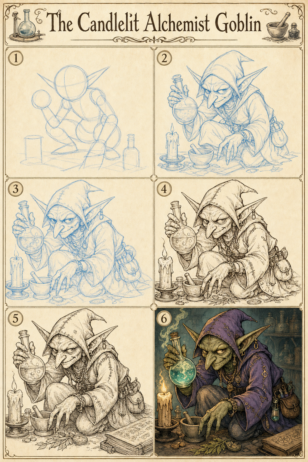 The Candlelit Alchemist Goblin six-step drawing tutorial plate