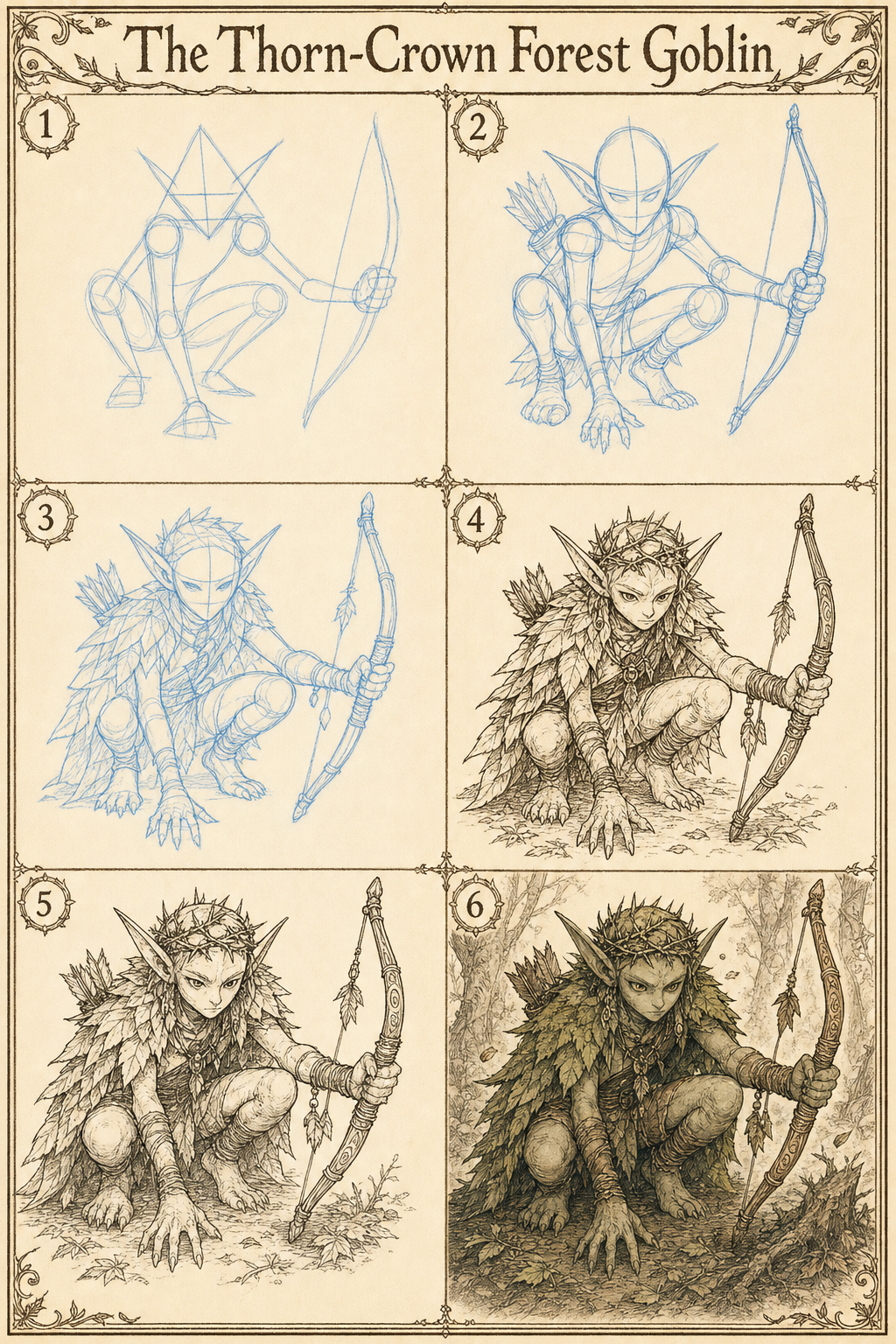 The Thorn-Crown Forest Goblin six-step drawing tutorial plate