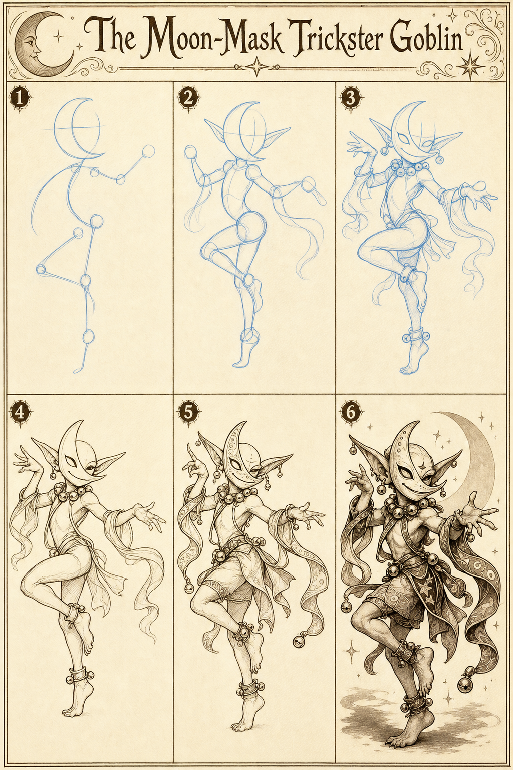 The Moon-Mask Trickster Goblin six-step drawing tutorial plate
